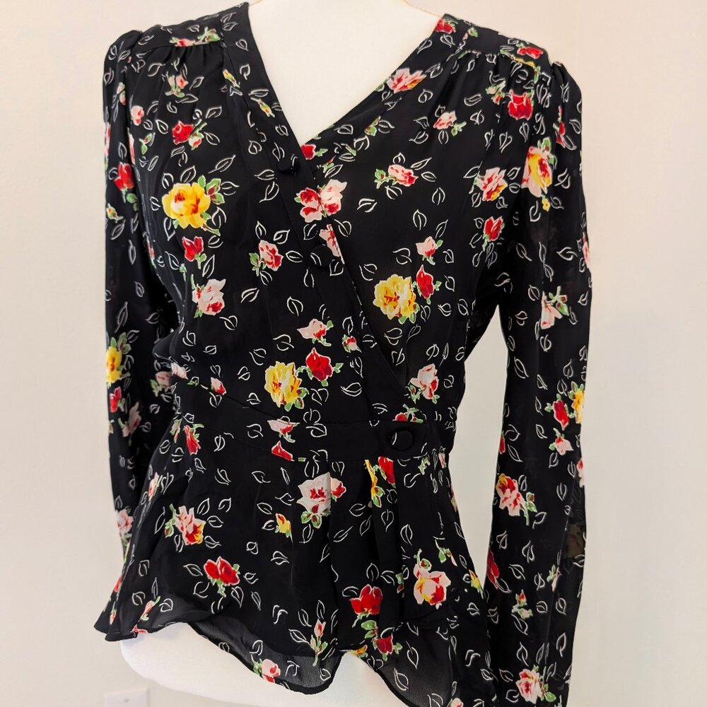 NWT - Veronica Beard - Black Floral Silk V-Neck Wrap Top, Size 6